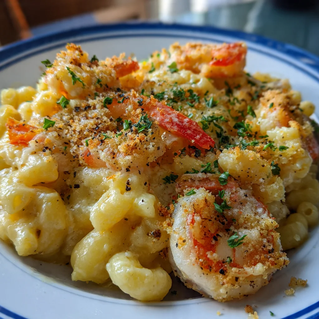 Close-up of a fork lifting cheesy pasta with plump shrimp and lump crab