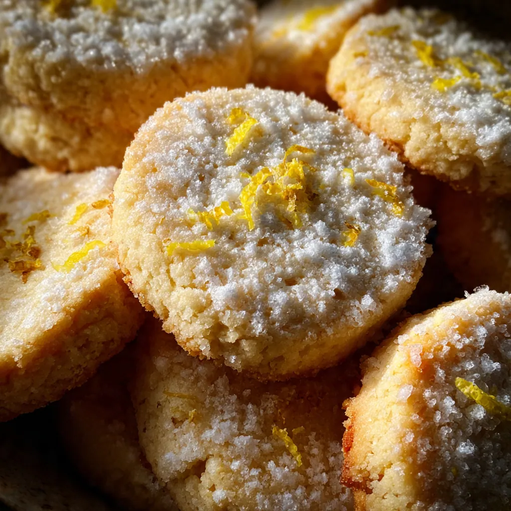 Close-up of a lemon shortbread cookie showing its tender crumb and lemon zest specks