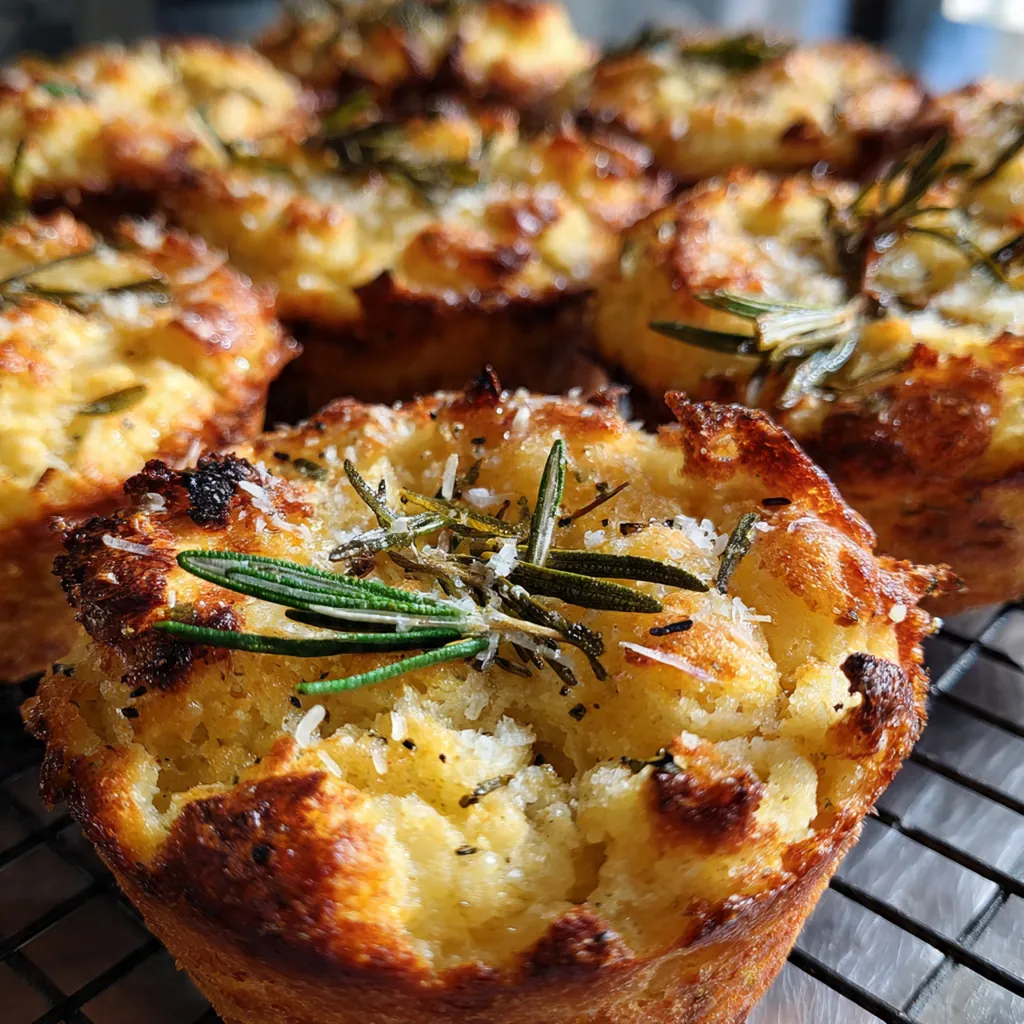 Close-up of a torn focaccia muffin showing the soft, chewy interior and minced garlic pieces