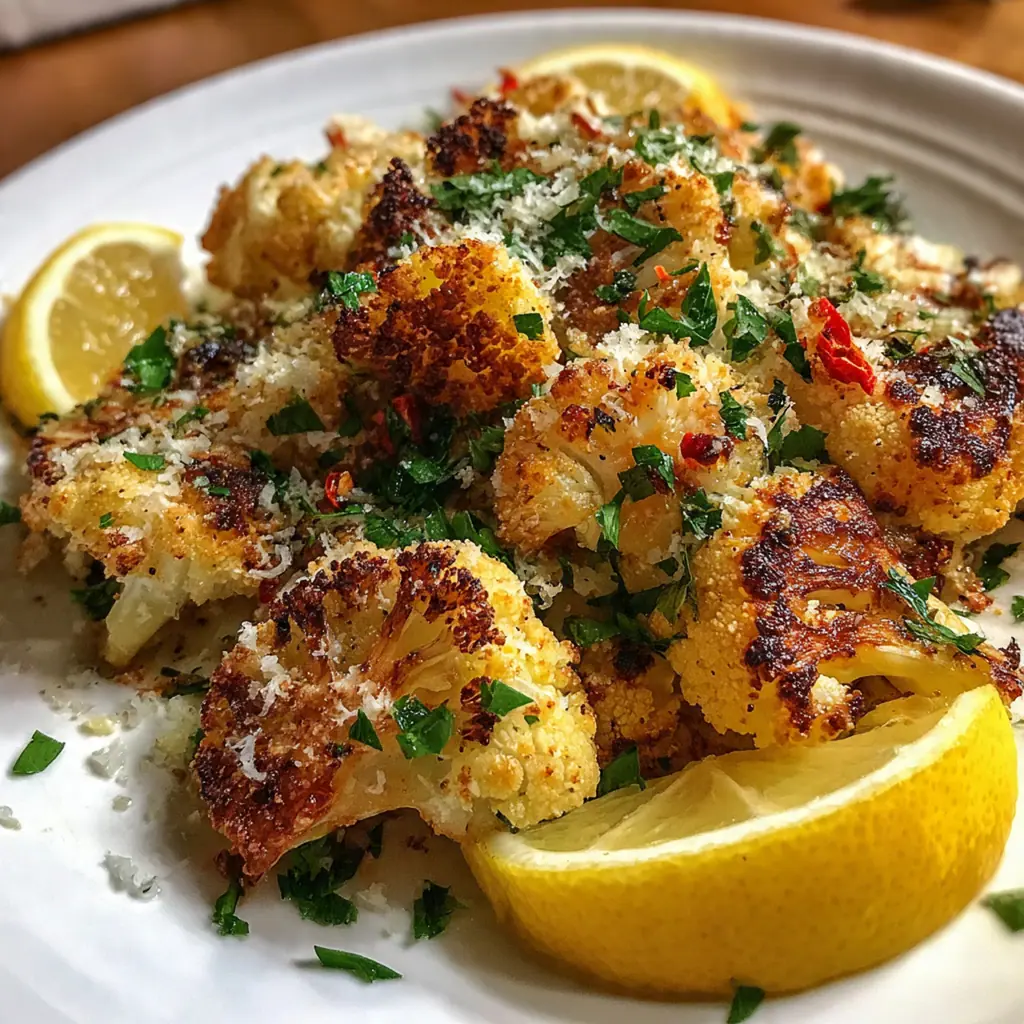 A serving bowl of savory Parmesan garlic cauliflower garnished with fresh parsley and lemon wedges
