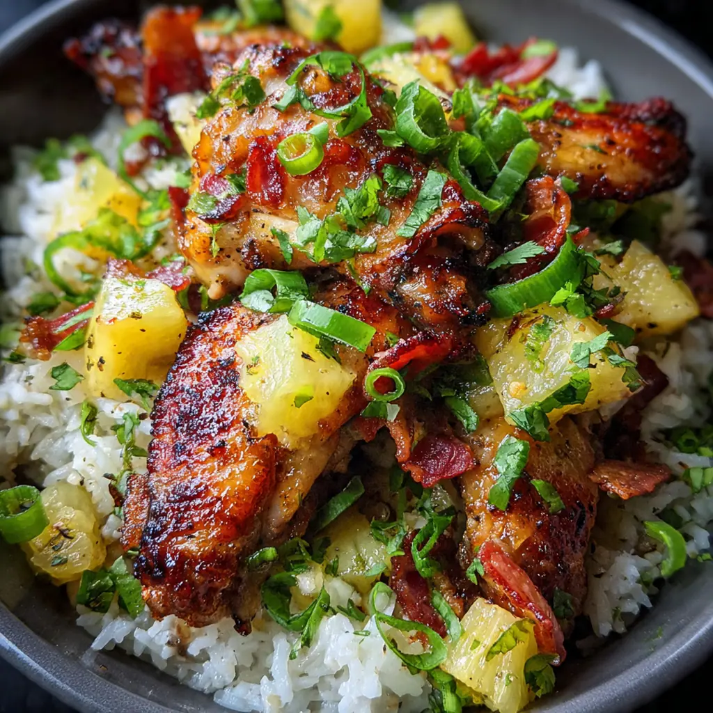 A family-style platter of easy wings bacon jalapeno pineapple rice garnished with fresh cilantro and lime wedges
