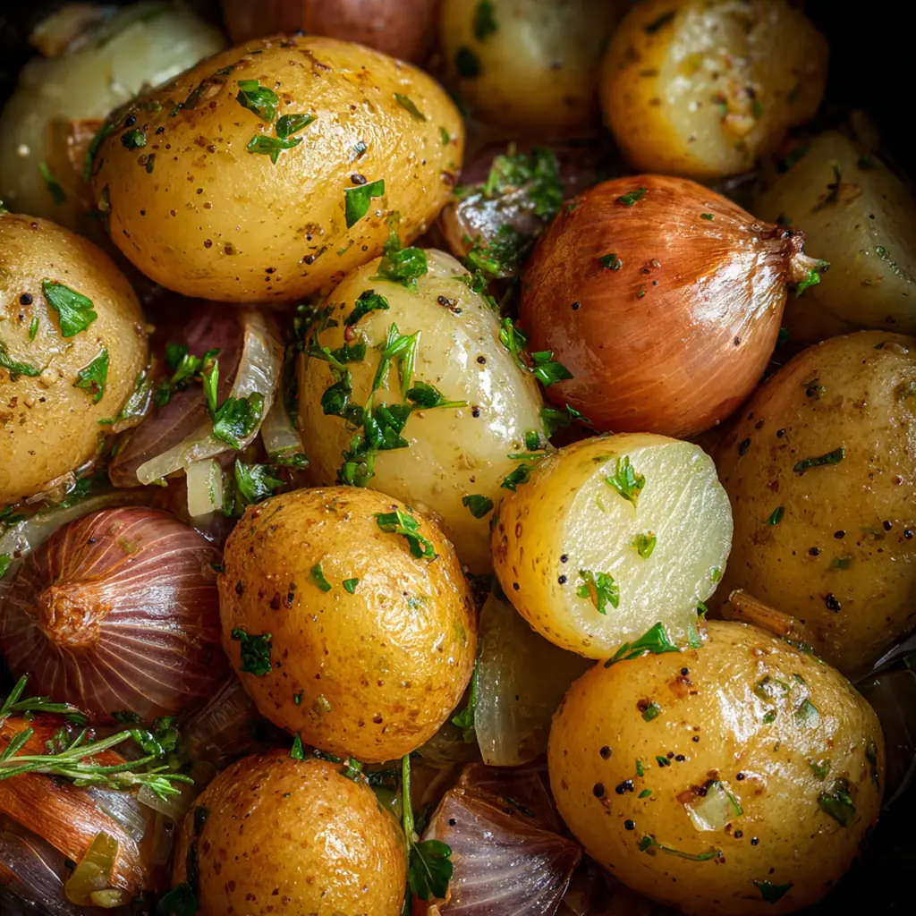 A full dinner plate featuring a serving of creamy onion potatoes next to roasted chicken and green beans