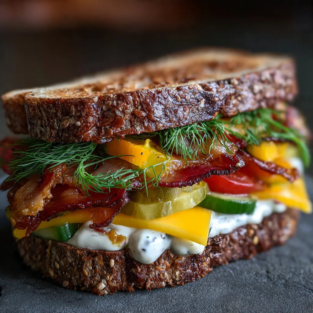 Close-up of melted cheddar cheese, crispy bacon, and tangy pickles between golden sourdough