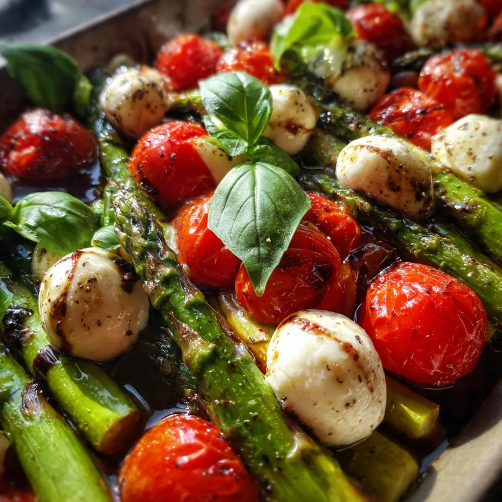 Close-up of roasted asparagus spears topped with juicy tomatoes, creamy mozzarella, and fresh basil