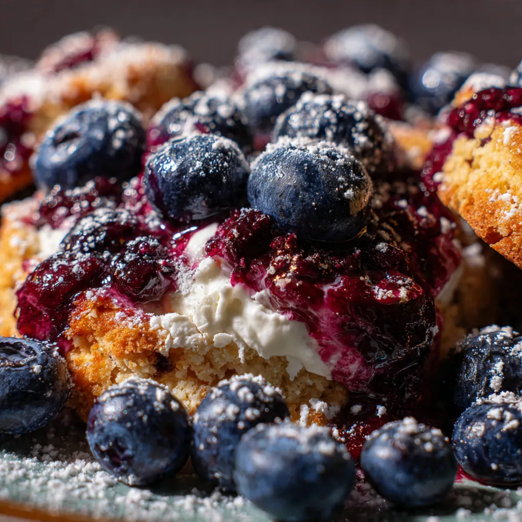 Close-up of a single Blueberry Heaven cookie with powdered sugar dusted on top and a jammy center