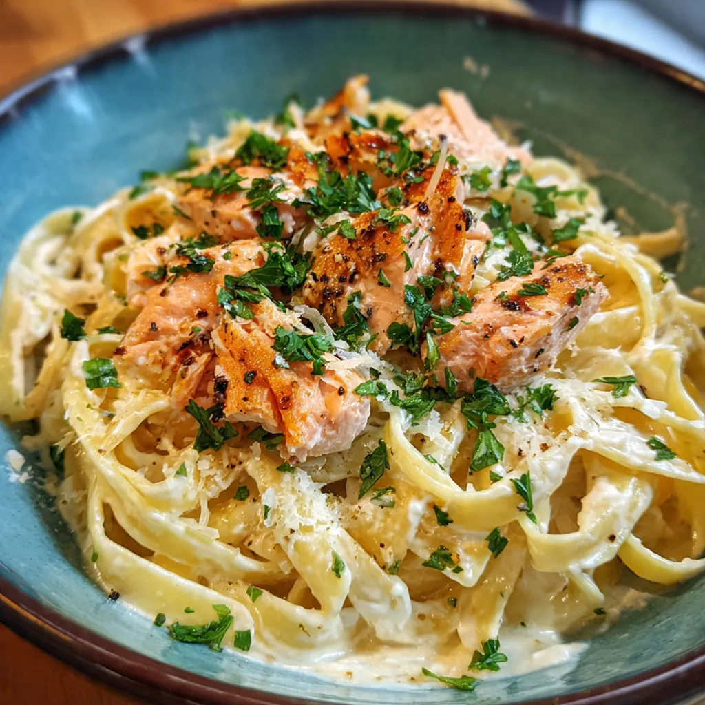 Overhead view of a skillet filled with salmon fettuccine Alfredo, garnished with fresh parsley and lemon zest.