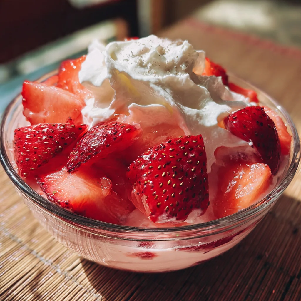 Close-up of a spoon dipping into a creamy strawberry mousse dessert with visible berry pieces