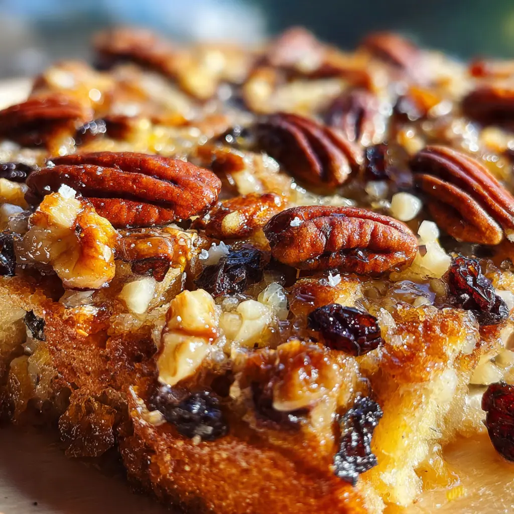 A serving plate with capirotada dusted with powdered sugar and garnished with extra pecans