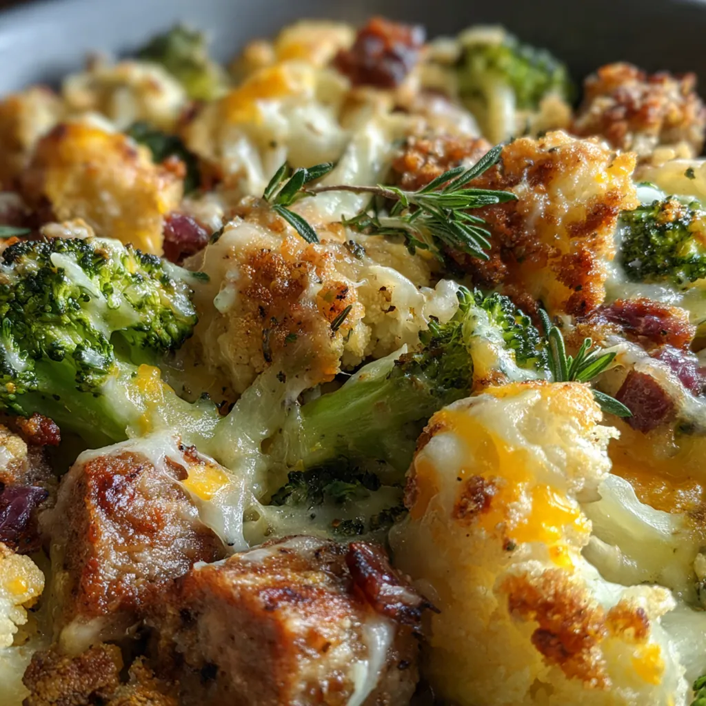 Close-up of a serving spoon lifting a portion of the casserole, showing roasted broccoli, cauliflower, sausage, and creamy cheese sauce