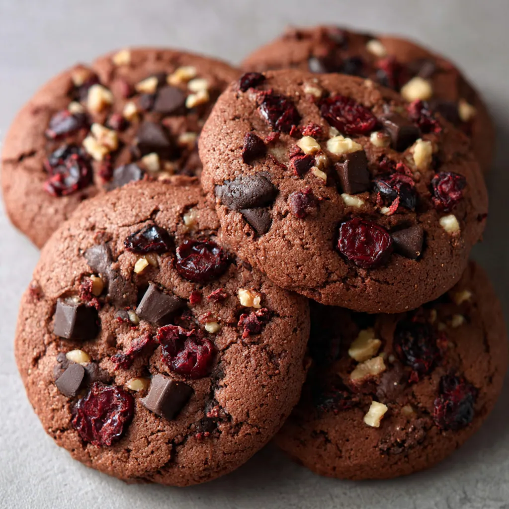 Freshly baked cookies showing chewy centers and tart cherry pieces with flaky salt sprinkles