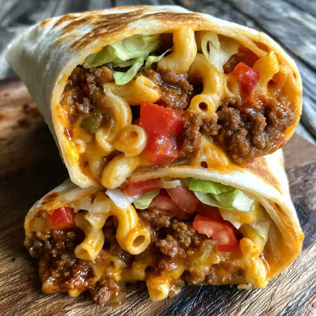 A plated Sloppy Joe Mac Cheese Wrap served with pickles, extra ketchup, and a side of crispy potato chips