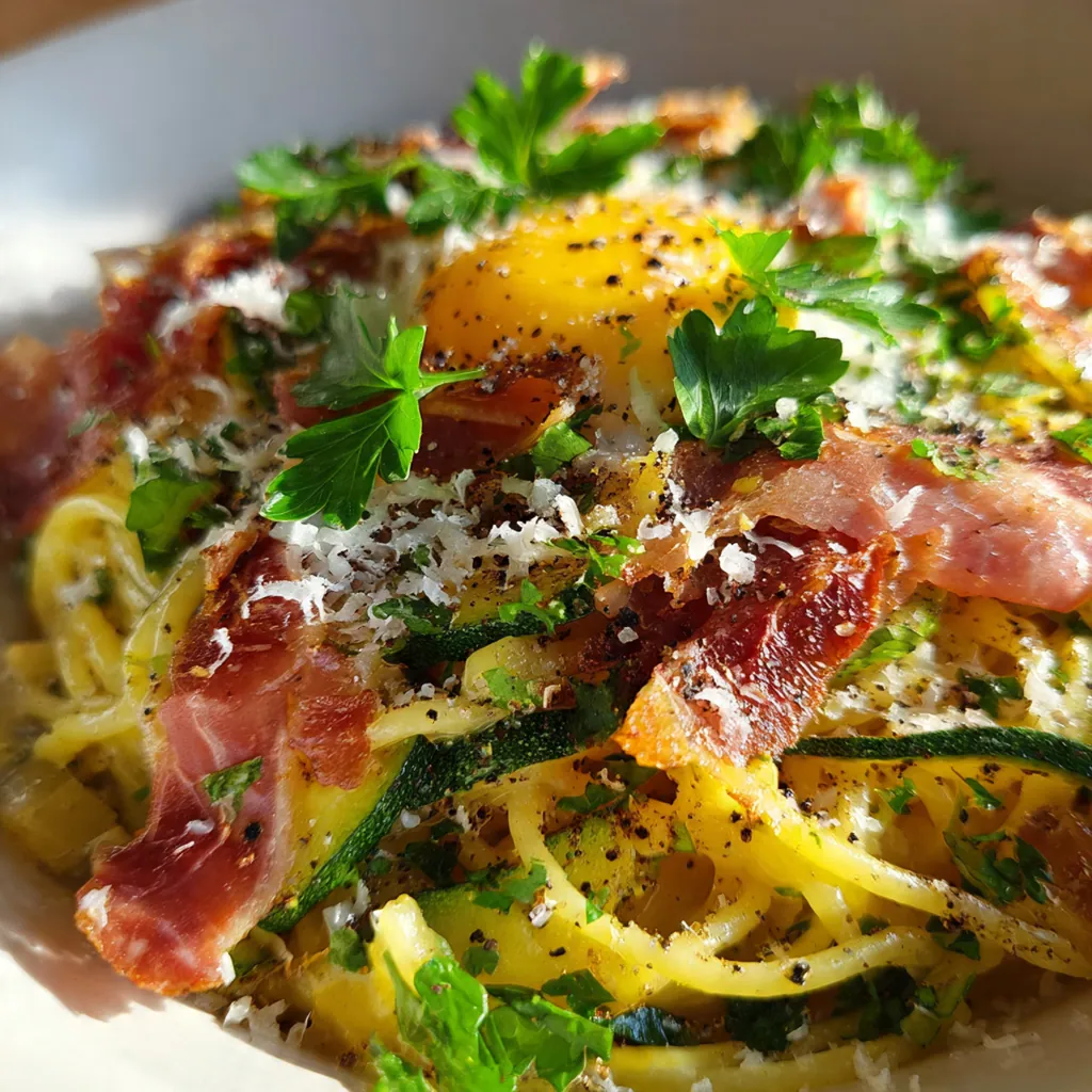 Ingredients for zucchini carbonara arranged on a marble counter including prosciutto and fresh zucchini