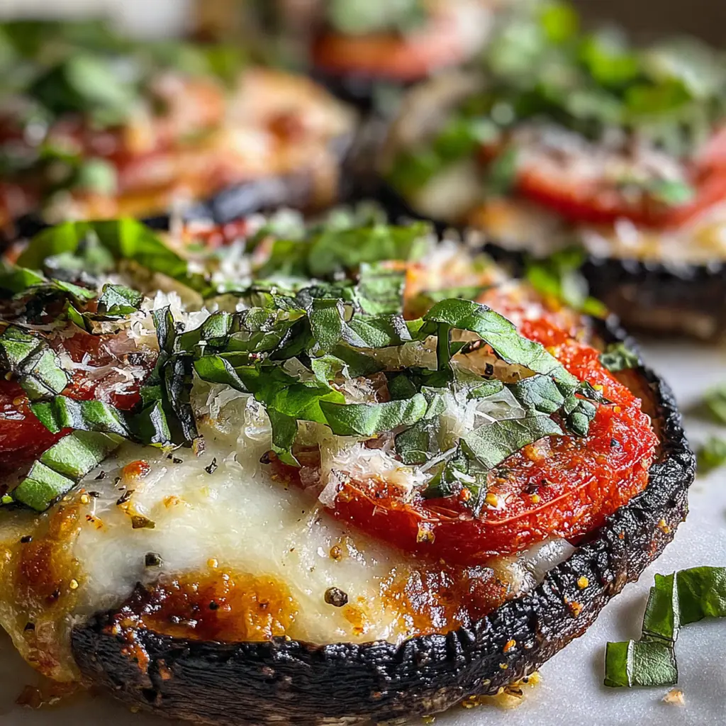 Close-up of a single cheesy mushroom cap topped with green peppers, olives, and red onion