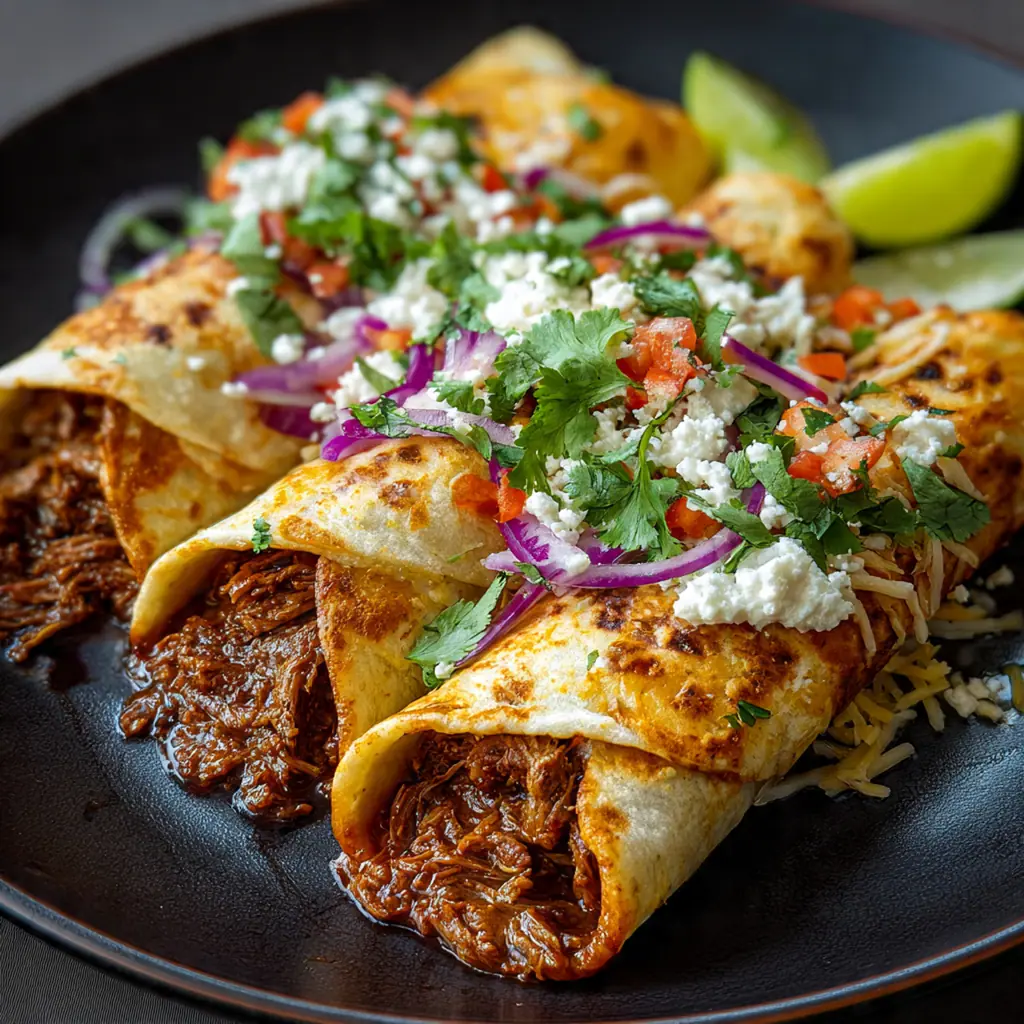 A plated creamy chile colorado burrito with a side of rice, beans, fresh cilantro, and lime wedges