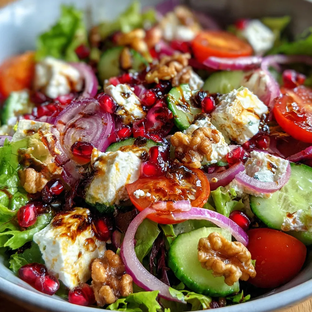 Overhead shot of the colorful salad ingredients in a large white bowl before tossing