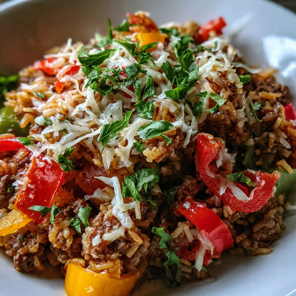 Close-up of a serving spoon lifting a portion with melted cheese and colorful peppers