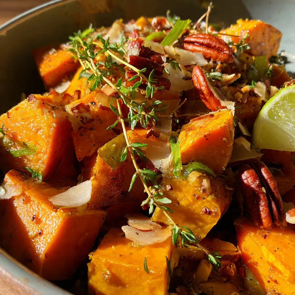 Steaming bowl of Caribbean sweet potatoes with vibrant orange color and green onion garnish