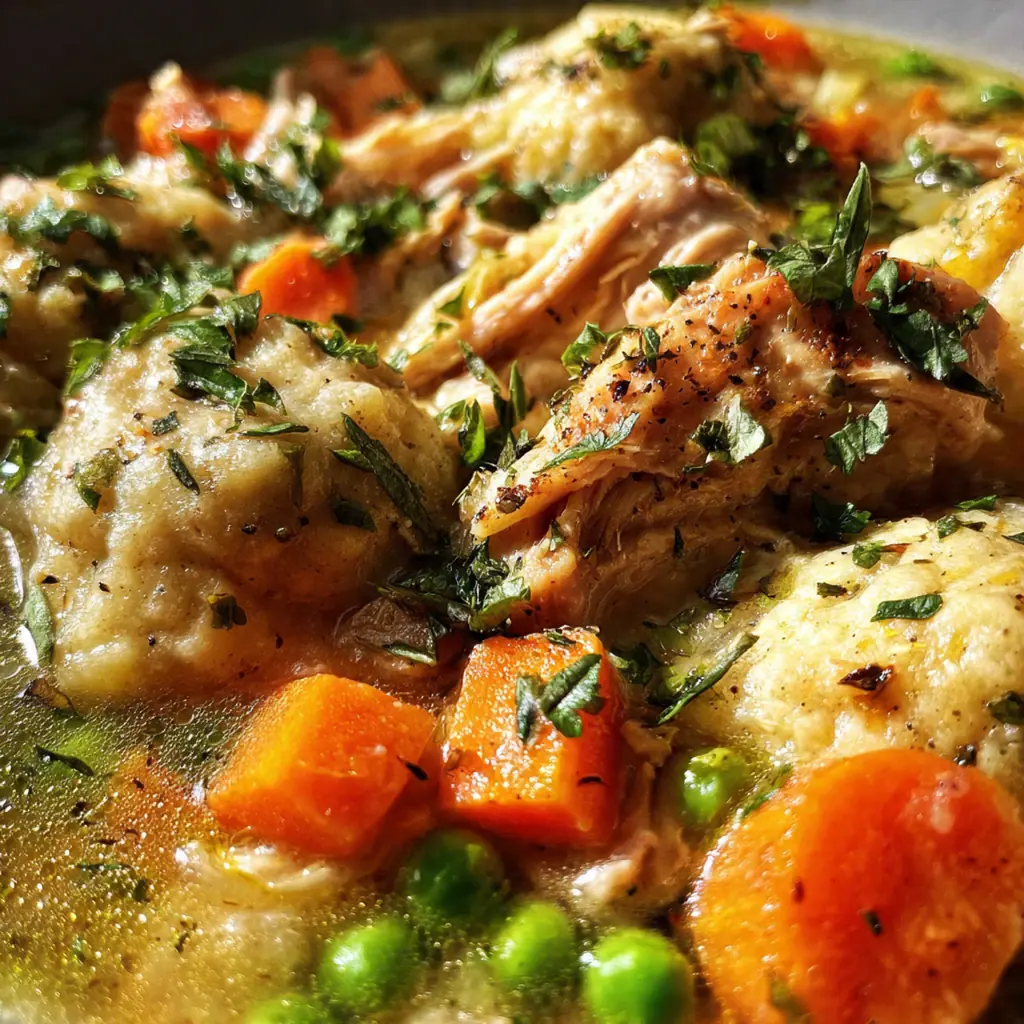 Close-up view of a spoon breaking into a tender, steam-filled dumpling nestled in rich broth