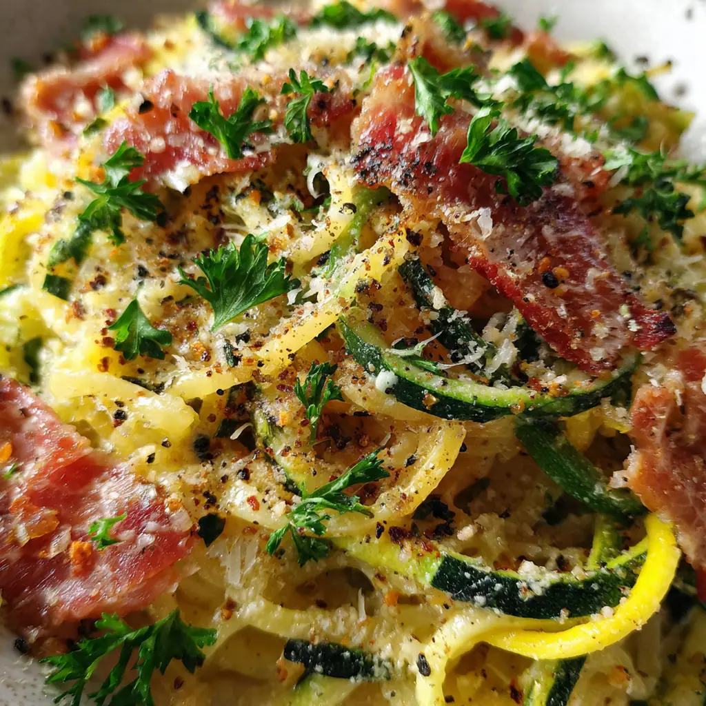 Close-up of creamy egg sauce coating spiralized zucchini noodles with golden cheese shavings