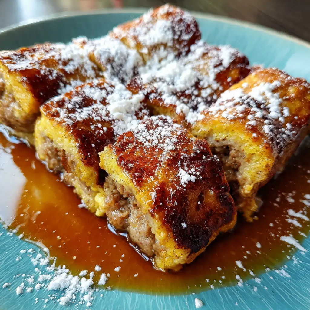 A brunch spread featuring Sausage French Toast Rollups with fresh strawberries and a glass of orange juice in the background