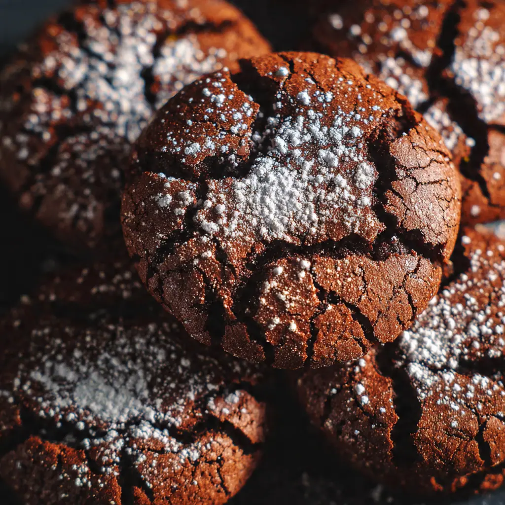 Festive holiday cookie platter featuring chocolate crinkle cookies dusted with snowy powdered sugar among other treats.