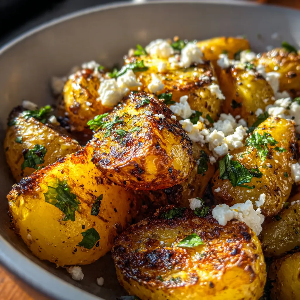 Close-up of potato wedges topped with crumbled feta and chopped fresh herbs