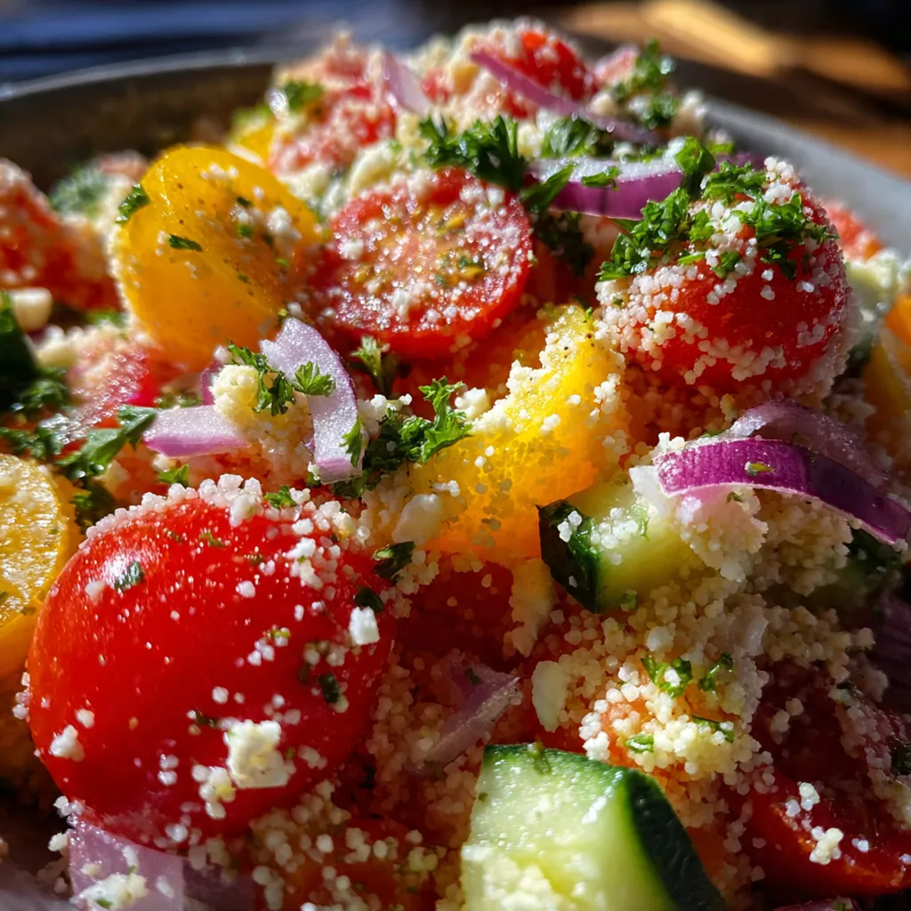 Cherry tomato couscous salad served on a plate alongside grilled chicken and lemon wedges