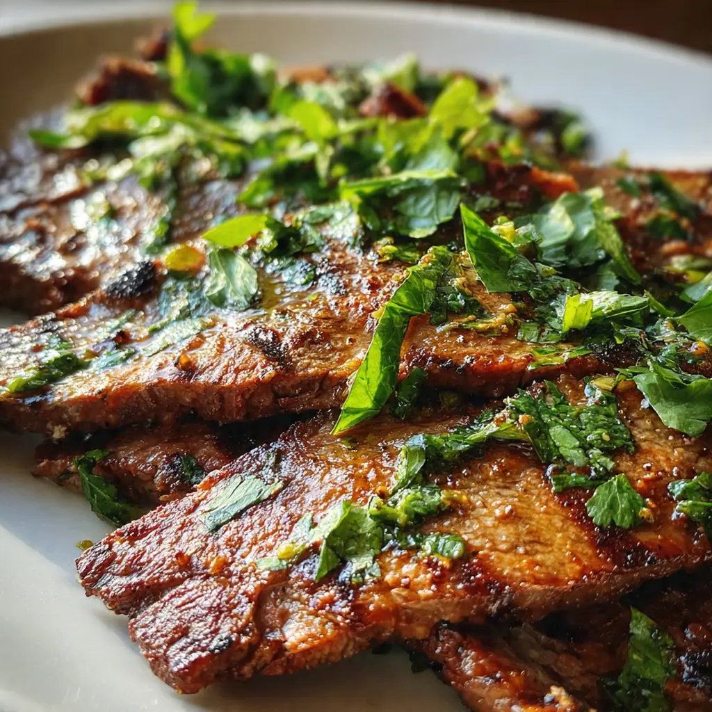 A complete dinner plate featuring sliced grilled flank steak, roasted potatoes, and grilled asparagus with lemon wedges