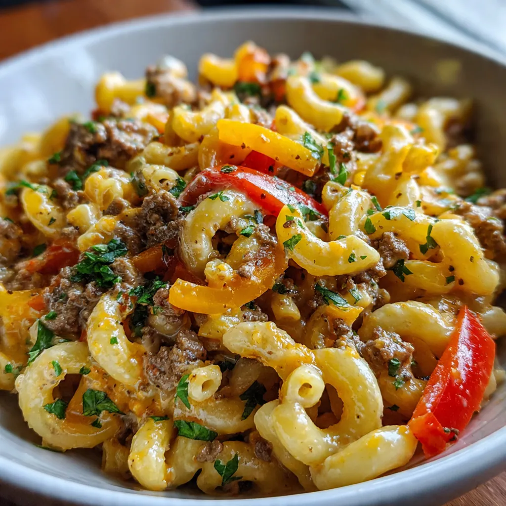 A comforting bowl of one-pot Philly cheesesteak hamburger helper served next to a fresh green salad.