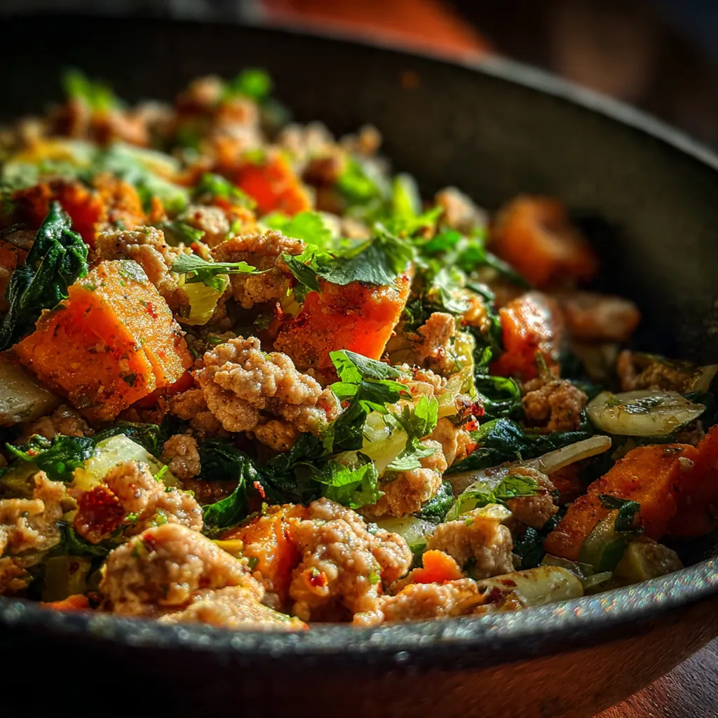 A full dinner plate featuring the turkey sweet potato skillet served with a lime wedge and warm tortillas