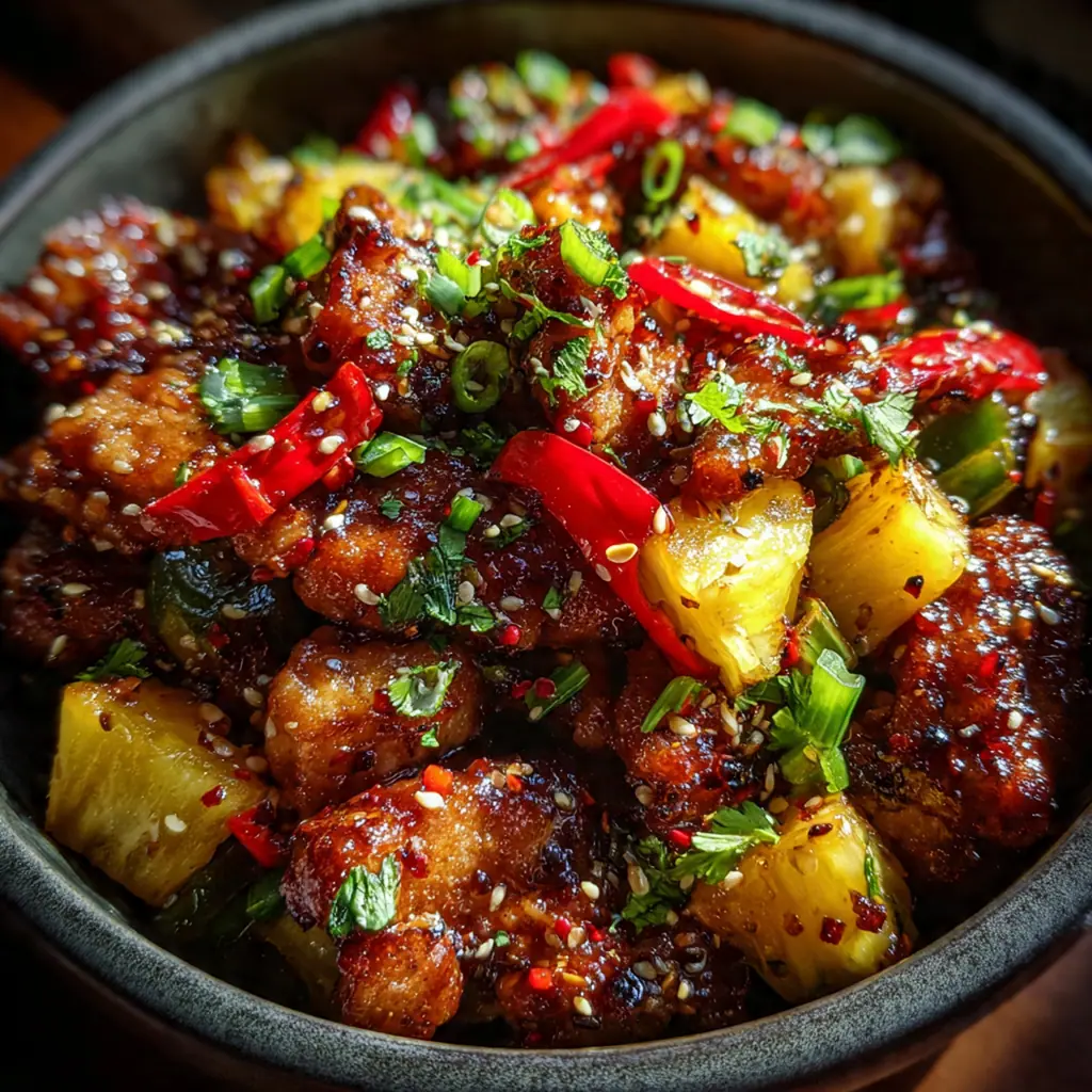 A fork lifting a piece of tender chicken coated in the homemade sweet and savory pineapple glaze