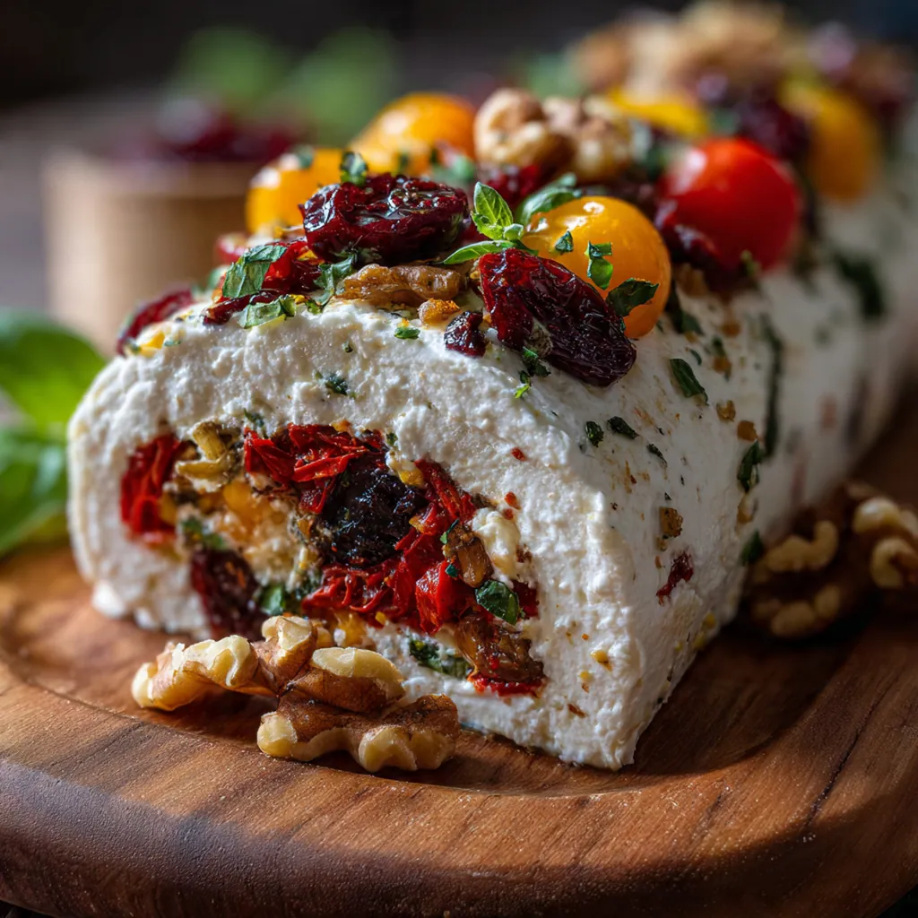 Close-up of sliced Holiday Antipasto Cheese Log showing pepperoni and peppers inside