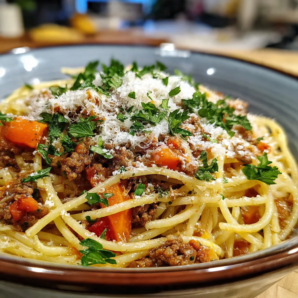 The raw ingredients for Bolognese sauce artfully arranged: onion, carrot, celery, pancetta, tomato paste, and ground beef