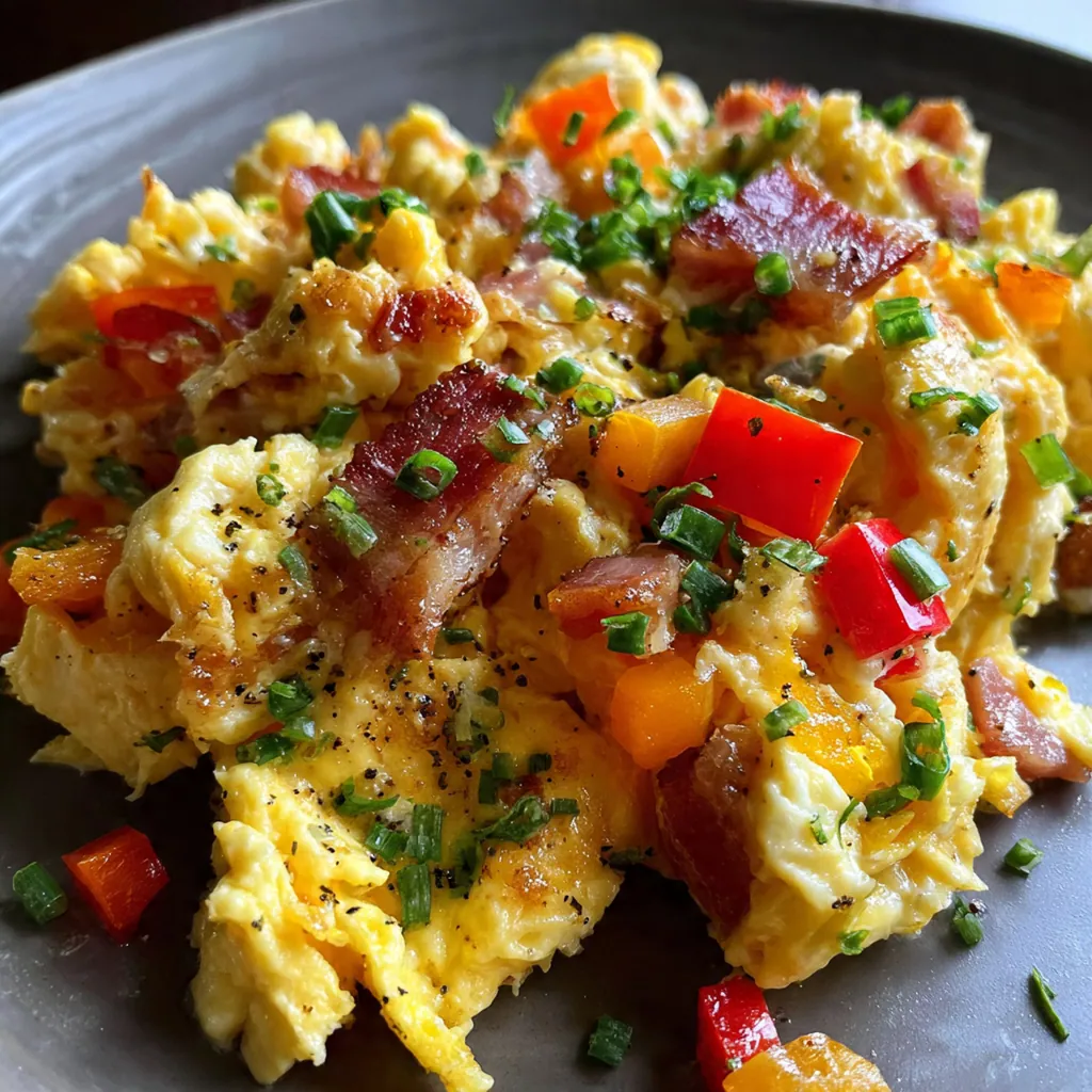 Close-up slice of oven scrambled eggs showing layers of ham, cheese, and perfectly cooked egg