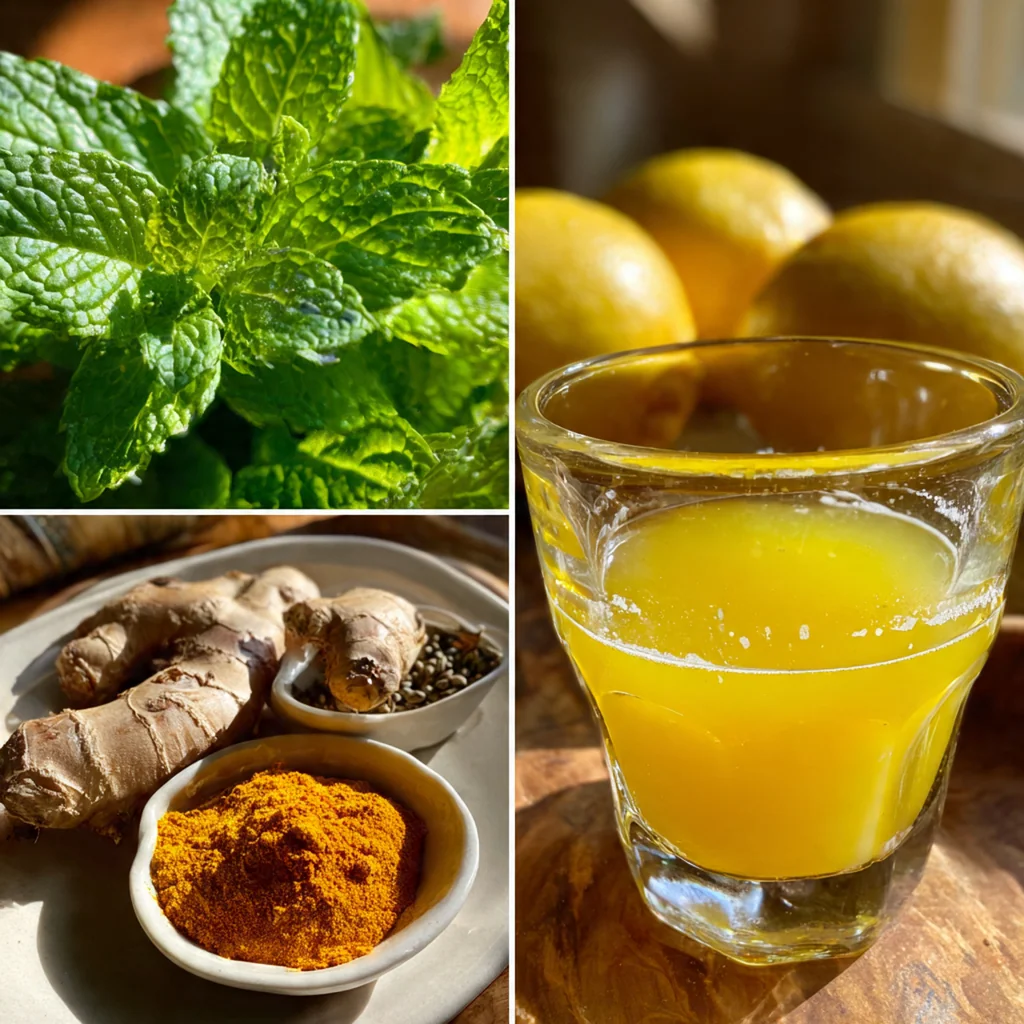 Ingredients like lemons, honey, and cayenne pepper arranged artistically next to a finished shot.