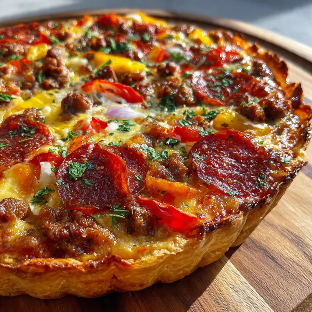 A close-up slice of the savory meat pie showing the rich filling of beef, sausage, and pepperoni.