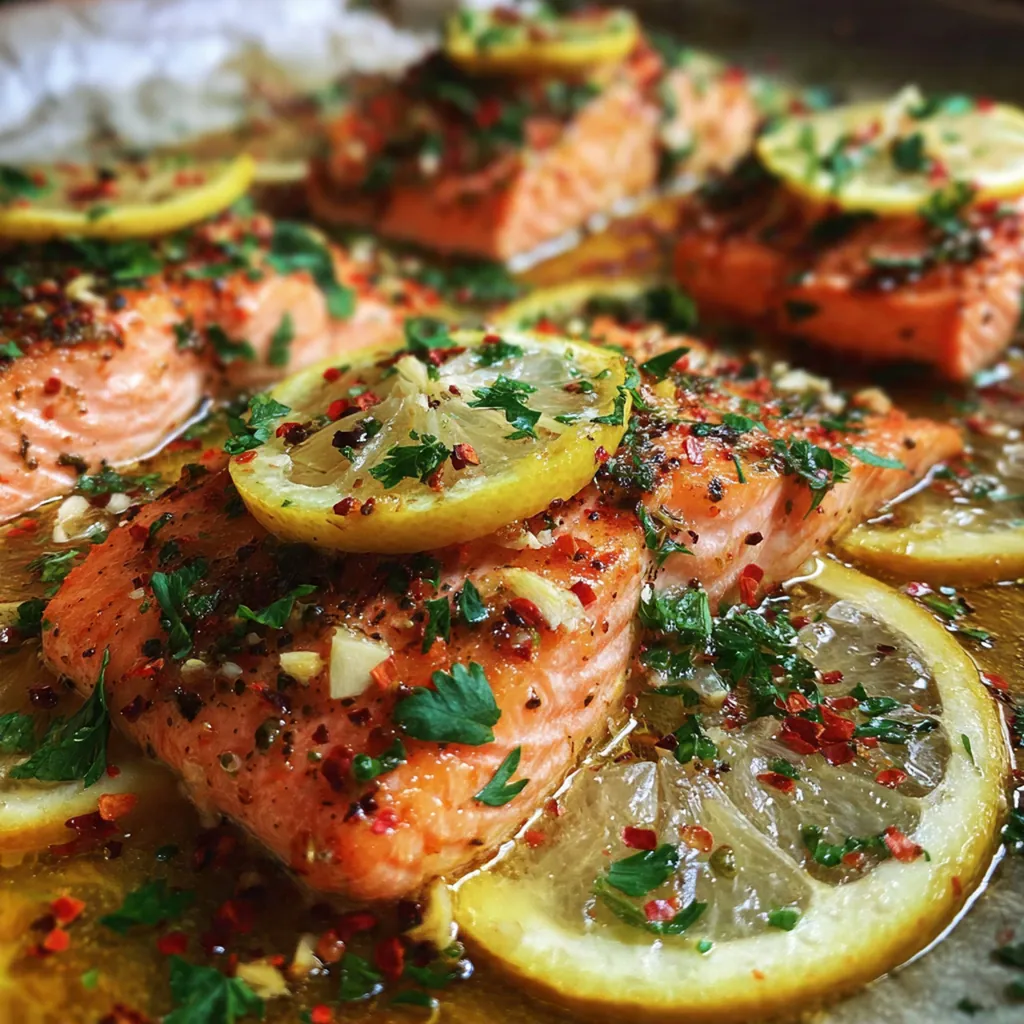 Close-up of flaky salmon topped with minced garlic and fresh parsley on a white plate