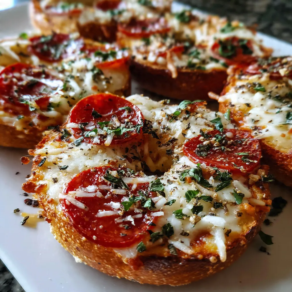 Close-up of a bubbly cheese and pepperoni pizza bagel on a wooden board with fresh basil