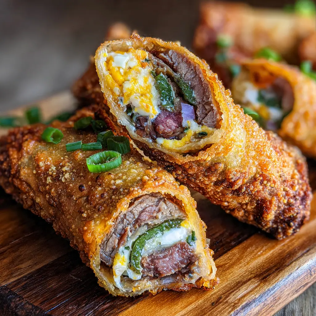 Close-up of a halved Texas Twinkie egg roll showing the creamy brisket and jalapeno filling inside the crispy shell