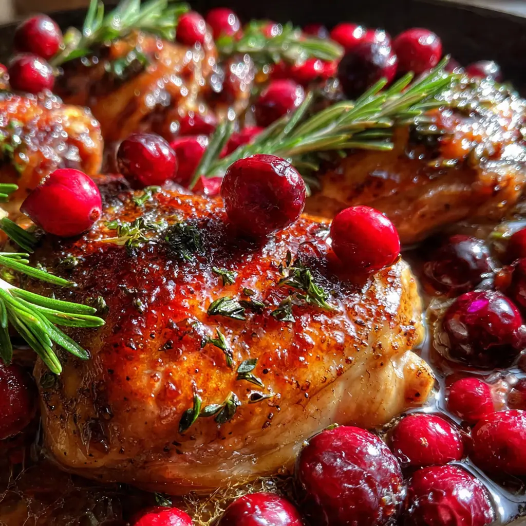 Close-up of a tender chicken breast coated in vibrant honey cranberry glaze with fresh thyme
