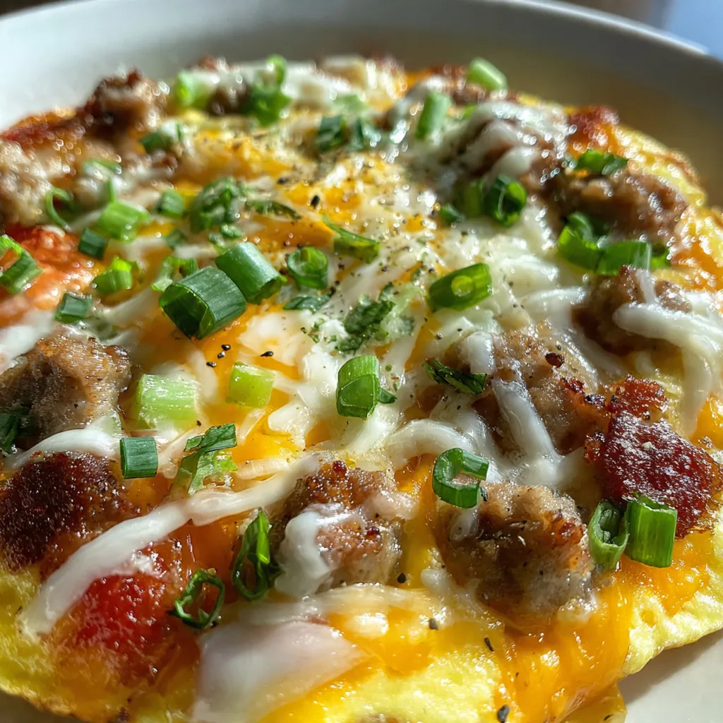 A complete brunch plate featuring a slice of sausage pancake bake with fresh berries and a glass of orange juice