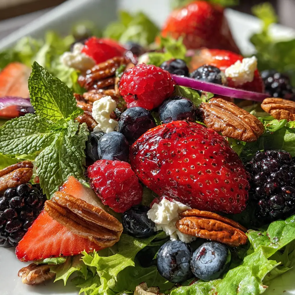 Serving glass with individual portions of the berry fluff topped with mint and chopped pecans for garnish