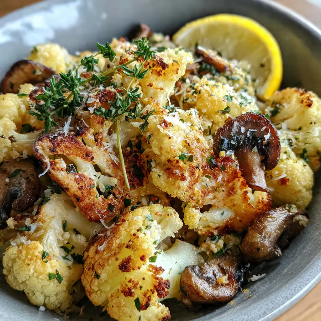 A rustic bowl of savory garlic cauliflower mushrooms served over creamy polenta with a sprinkle of parsley