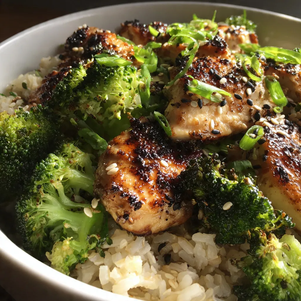Close-up of perfectly grilled chicken breasts with char marks resting beside a pile of roasted vegetables