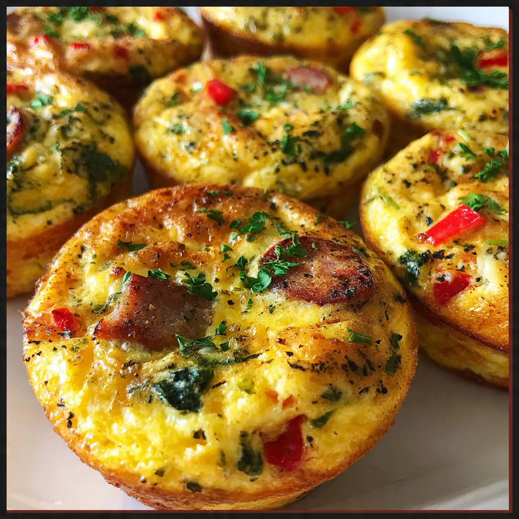 Close-up of a single fluffy egg muffin loaded with bits of red pepper, spinach, and bacon