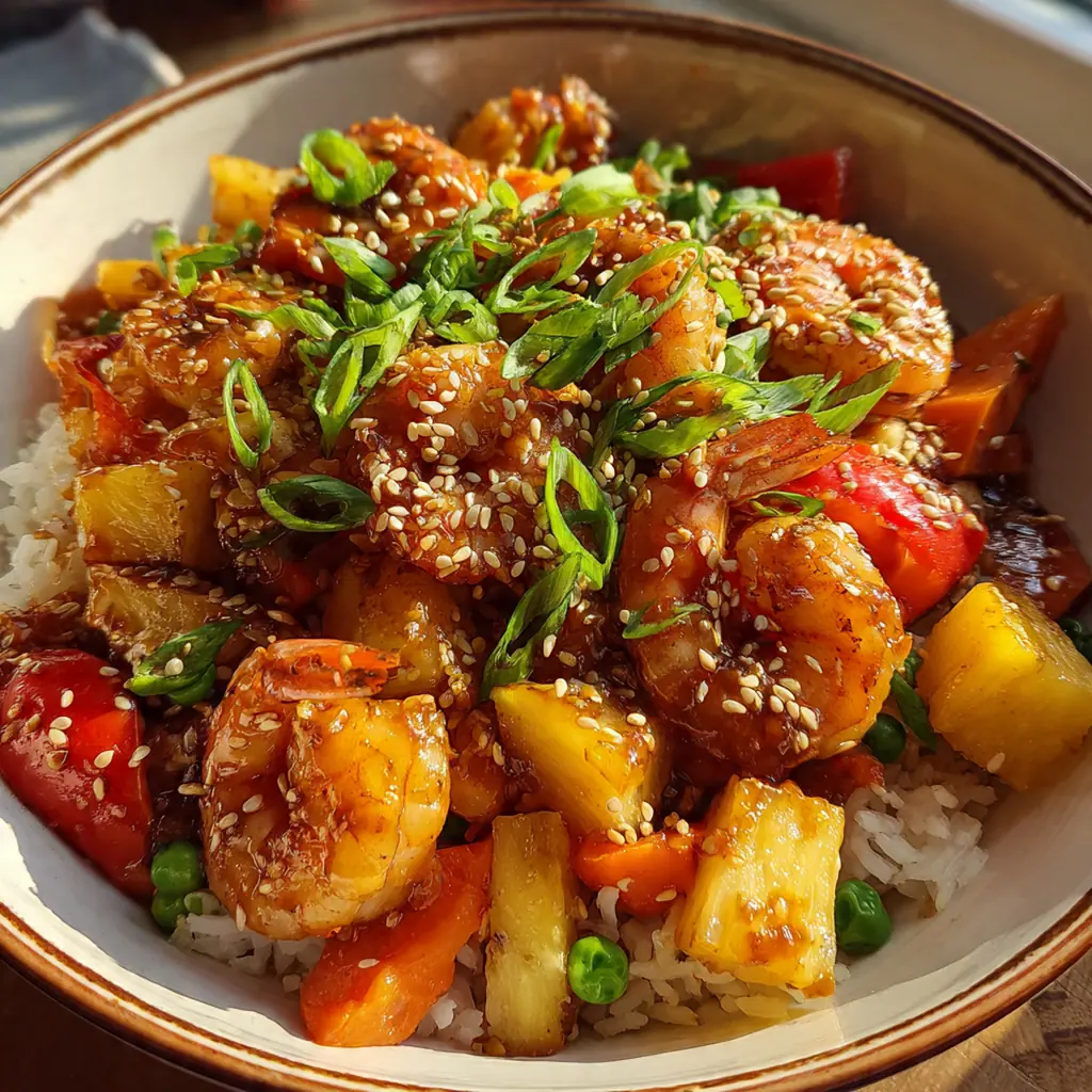 Close-up of juicy shrimp and caramelized pineapple chunks tossed with fluffy rice in a glossy teriyaki sauce