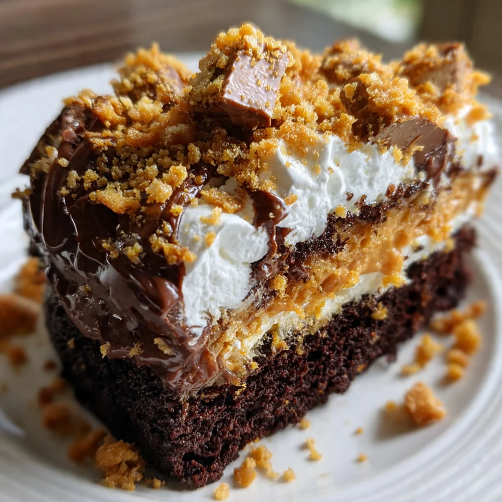 A piece of the cake on a plate with a fork, a glass of milk, and extra Butterfinger pieces scattered around