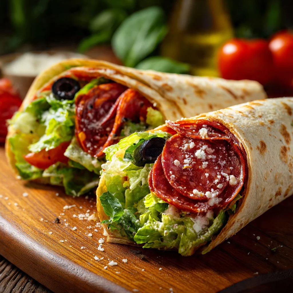 Close-up of a crispy wrap with mozzarella pulling apart, pepperoni peeking out, and fresh romaine lettuce visible