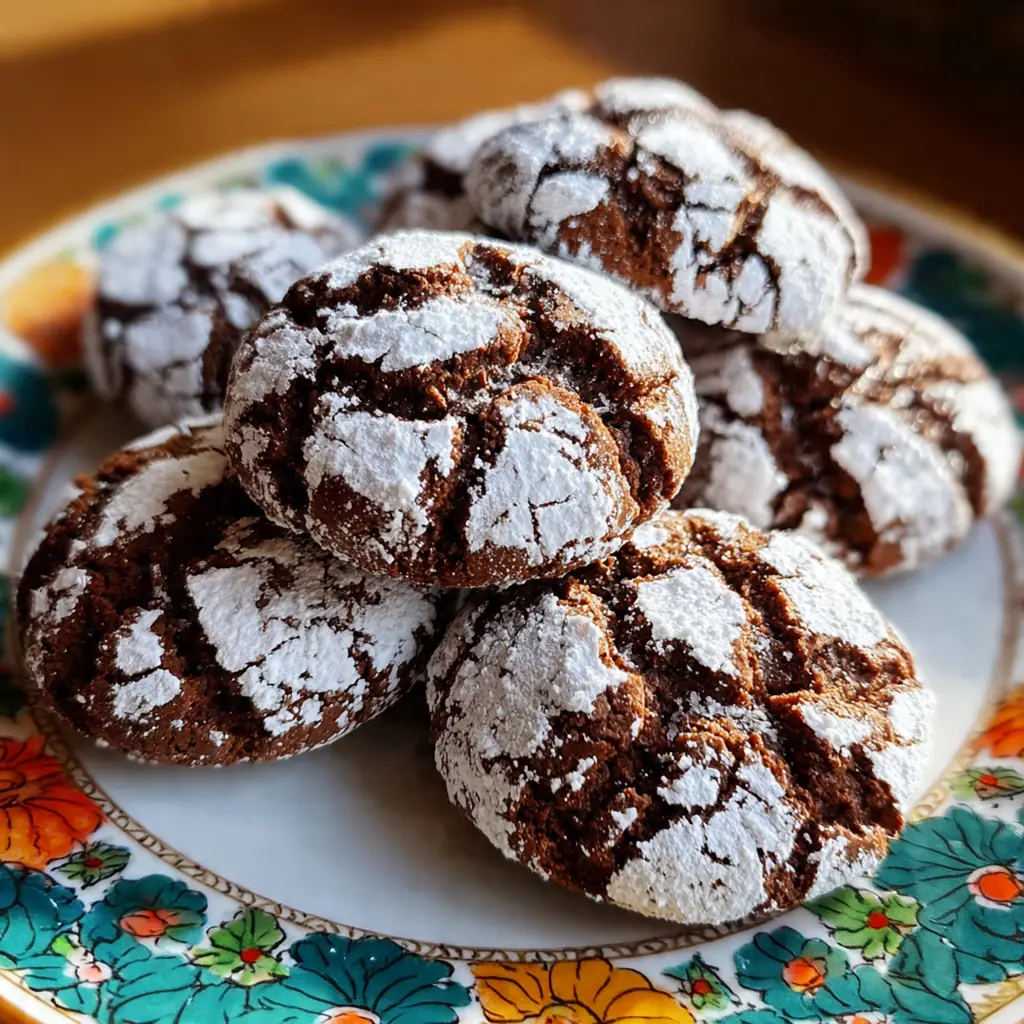 Close-up of a fudgy chocolate crinkle cookie broken open to show the rich, dark interior.