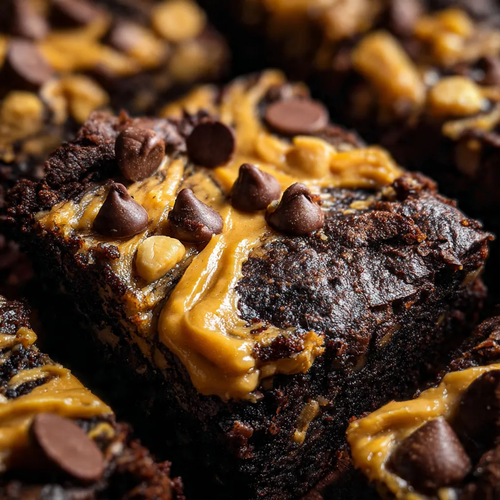Close-up of a rich chocolate and peanut butter swirl bar with a glass of cold milk.